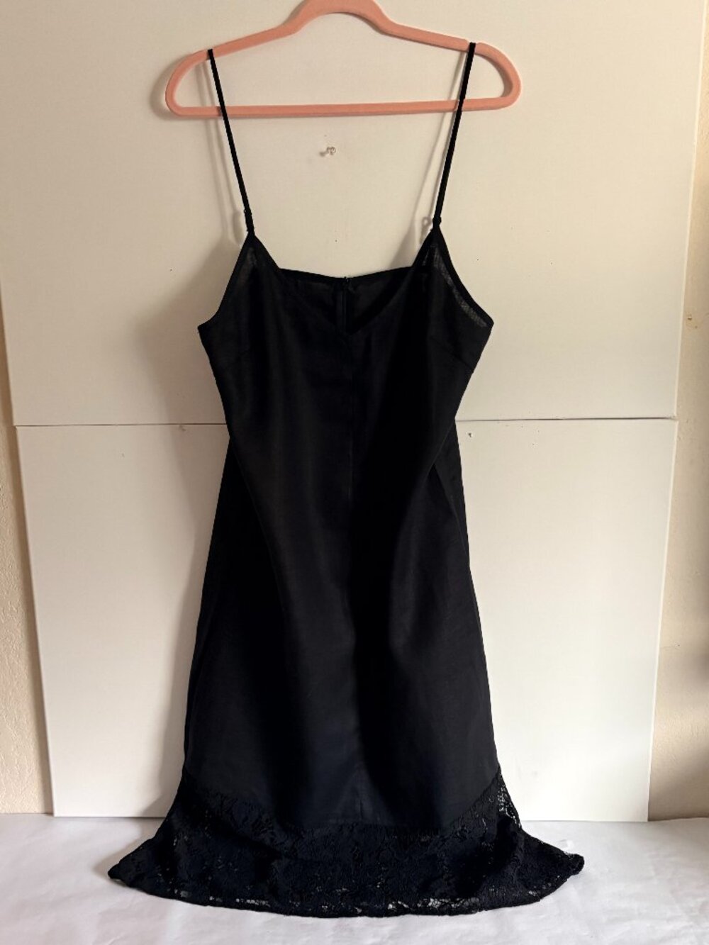 Instyle Boutique Y2K Black Slip 100% Linen Lace Adj Spaghetti Strap Dress Sz L